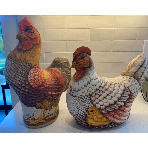 Chicken and‎ Rooster Hand Sewn Plush Fabric Decorative Set of 2 - Picture 1 of 16